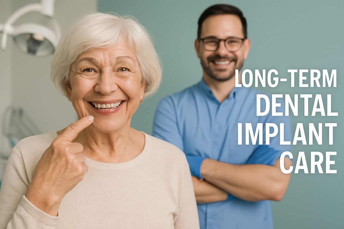 Image of a smiling senior woman pointing to her dental implant with her dentist in the background. The text on the image should read "Long-Term Dental Implant Care".