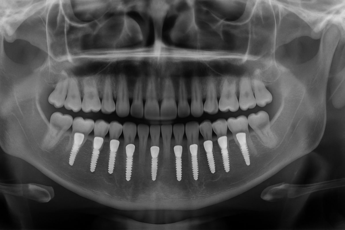 A panoramic x-ray of a patient's mouth in Cleveland, OH, clearly showing several dental implants integrated into the jawbone, supporting a full set of teeth. No text on image.
