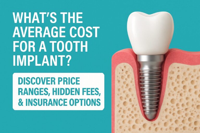 Photo of a dentist explaining the cost of dental implants to a patient, using a model of a jaw with implants to illustrate the procedure. No text on the image.