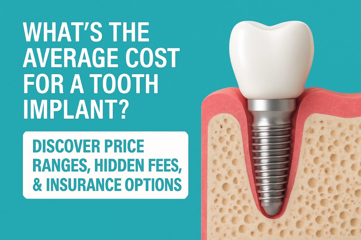 Photo of a dentist explaining the cost of dental implants to a patient, using a model of a jaw with implants to illustrate the procedure. No text on the image.