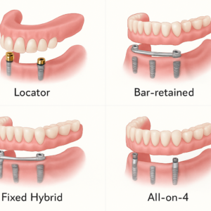 Collage showcasing four different types of denture implants: Locator, Bar-retained, Fixed Hybrid, and All-on-4, each with a brief caption explaining its key features. No text on image.