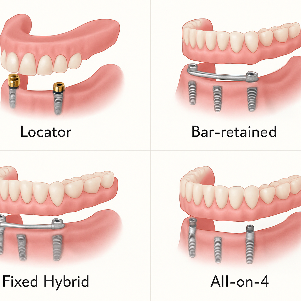 Collage showcasing four different types of denture implants: Locator, Bar-retained, Fixed Hybrid, and All-on-4, each with a brief caption explaining its key features. No text on image.
