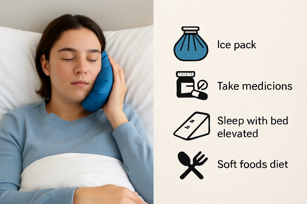 Image of a patient post dental implant surgery resting in bed with an ice pack on their face. The image is a split, the other side features tips and recommendations for a smooth recovery. No text on image.