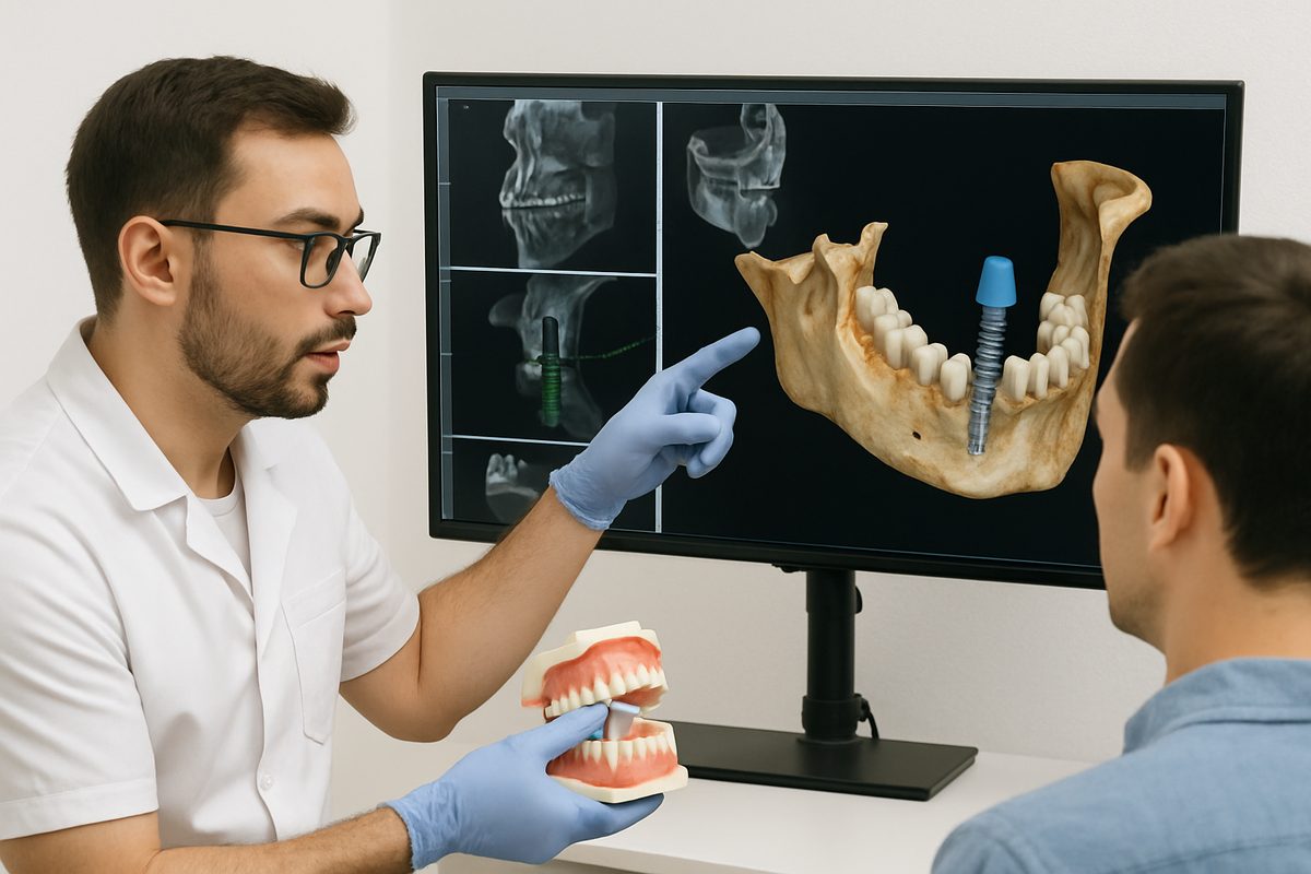 Image of a dentist explaining the teeth implantation process to a patient using a digital screen displaying 3D scans of the patient's jaw and potential implant placement. No text on image.