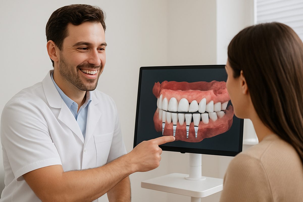 Image of a dentist smiling and pointing to a digital scan of a patient's mouth with dental implants teeth in place. The dentist is explaining the benefits of implants teeth to a patient. No text on image.