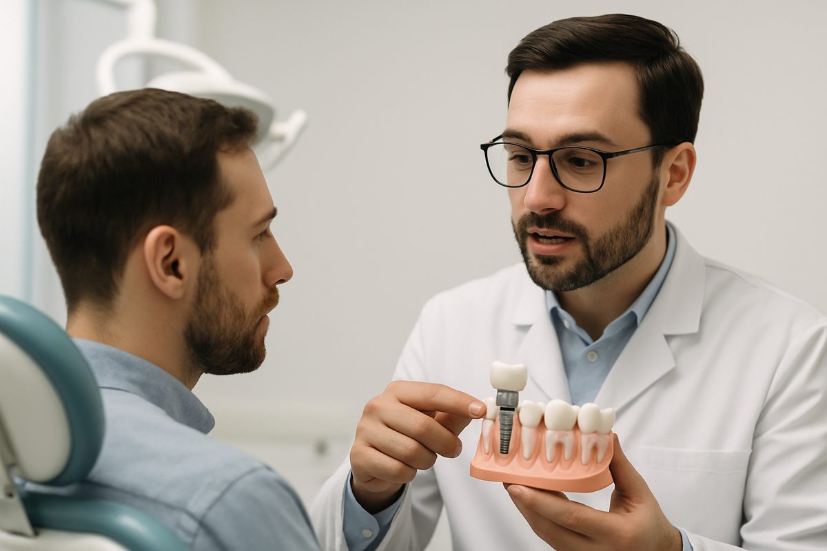 Image of a dentist explaining the dental implant procedure to a patient using a model of a jaw with implants. The dentist is pointing to the implant and crown, and the patient is looking attentively. No text on image.