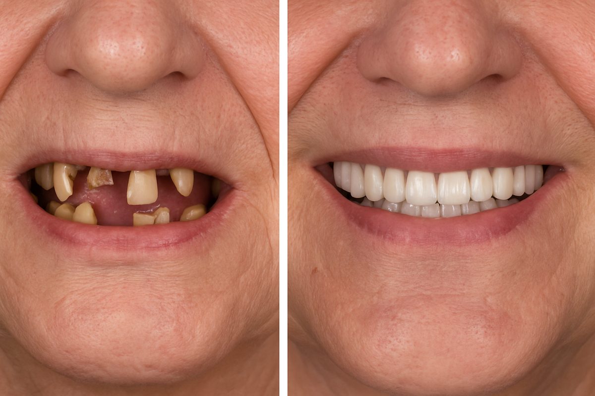 A before-and-after photo showcasing a patient's smile transformation with permanent implant teeth. The "before" side shows missing or damaged teeth, while the "after" side displays a full, natural-looking set of permanent implant teeth. No text on image.