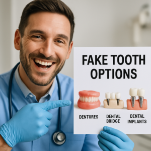 Close up image of a dentist smiling and pointing to a set of replacement teeth options, including dentures, a dental bridge and dental implants, with text saying "Fake Tooth Options".