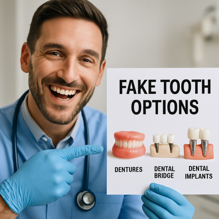 Close up image of a dentist smiling and pointing to a set of replacement teeth options, including dentures, a dental bridge and dental implants, with text saying "Fake Tooth Options".