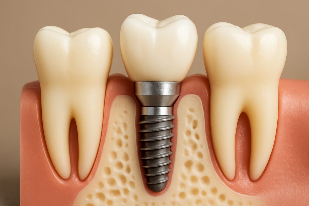 A close up of a dental implant model, showing the implant post in the jawbone, the abutment connecting to it, and the crown as the visible tooth. No text on the image.