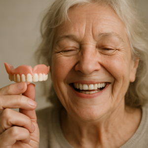 Close up image of a smiling senior woman with dentures. The top set of dentures is out of her mouth in her hand. No text on image.