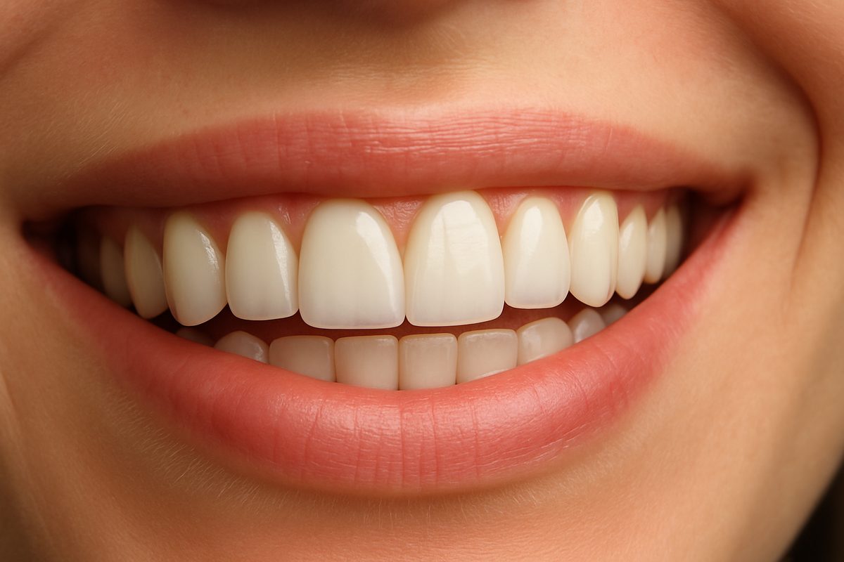 Close up of a beautiful smile showcasing a front tooth implant that perfectly matches the surrounding teeth. The gums are healthy and the implant looks natural, highlighting the seamless blend of the restoration with the patient's smile. No text on page.