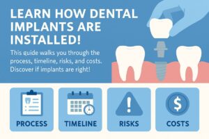 Photo of a dentist in a surgical mask carefully placing a dental implant into a patient's jawbone. The image should highlight the precision and technology involved in the procedure. No text on image.