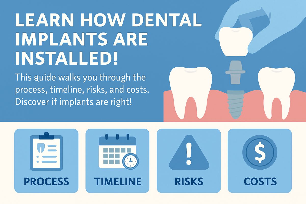 Photo of a dentist in a surgical mask carefully placing a dental implant into a patient's jawbone. The image should highlight the precision and technology involved in the procedure. No text on image.