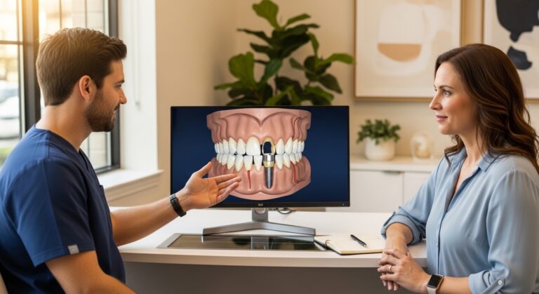 Dentist discussing front teeth implants with a patient in a modern clinic.