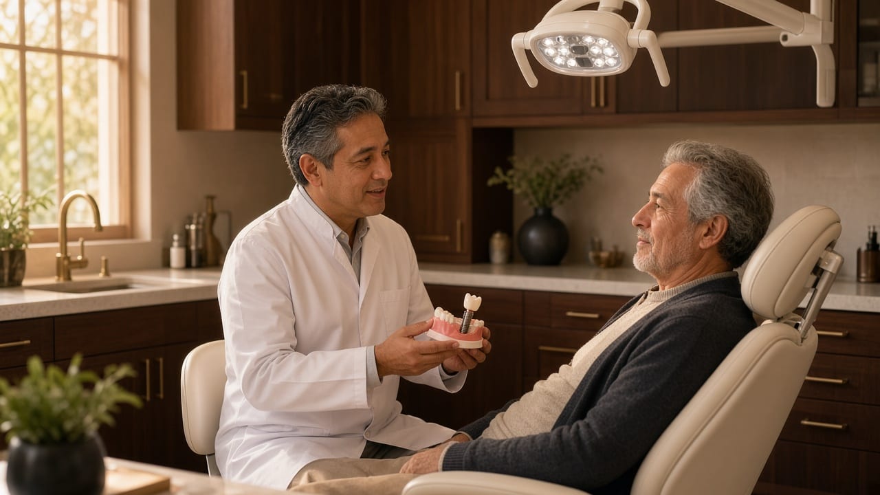 A dentist shows an older patient a dental implant model in a warm, upscale Pasadena dental suite